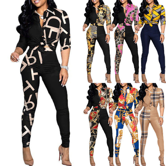 Women Fashion Casual Color-Block Printed Long-Sleeve Blouse Shirt Casual Pants Two-Piece Set
