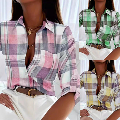 Women Vintage Single-Breasted Lapel Casual Long-Sleeved Plaid Blouse