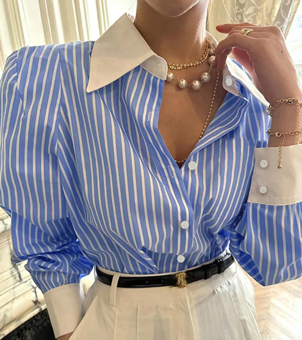 Women Fashion Casual Stripe Lapel Long-Sleeve Blouse