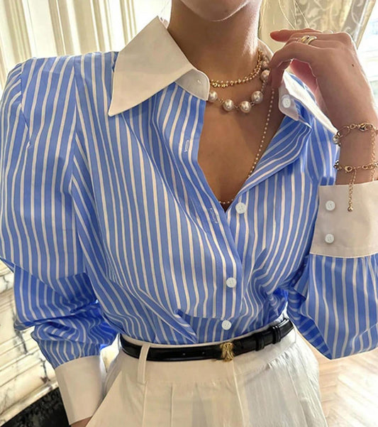 Women Fashion Casual Stripe Lapel Long-Sleeve Blouse
