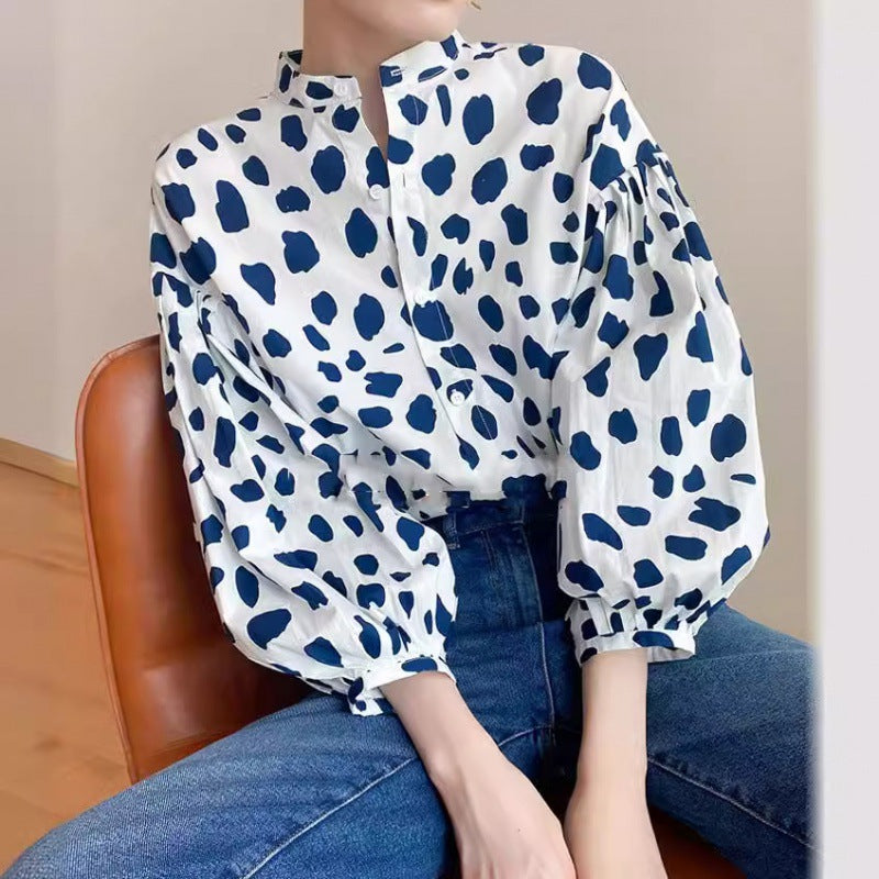 Women Fashion Casual Dot Printed Puff Sleeve Single Breasted Blouse