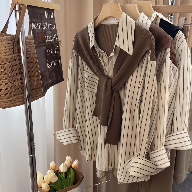 Autumn Shawl Fake Two-Piece Stripe Shirt Women Casual Long Sleeve Lapel Blouse