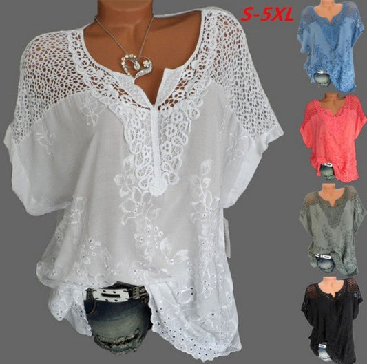 Plus Size Women Casual Loose Short-Sleeved Lace Solid Color Hollow Out Blouse