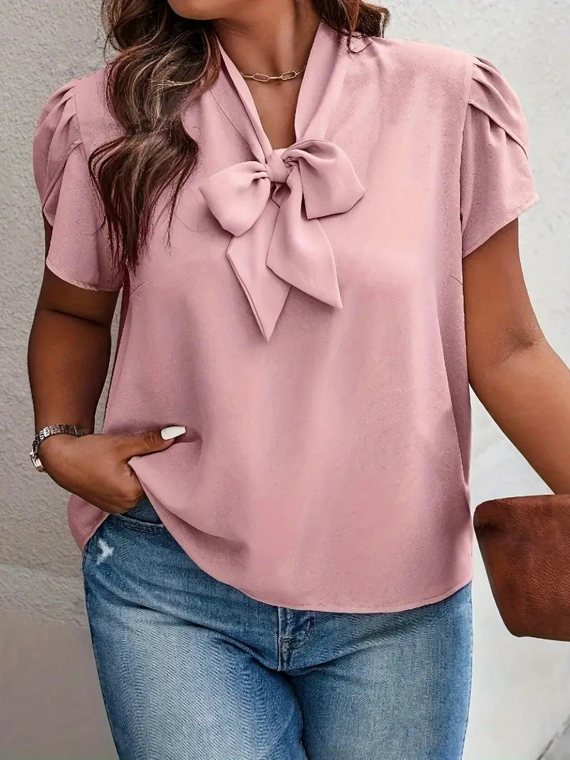 Women Fashion Casual Plus Size Solid Color Lace-Up Bowknot Short-Sleeve Blouse