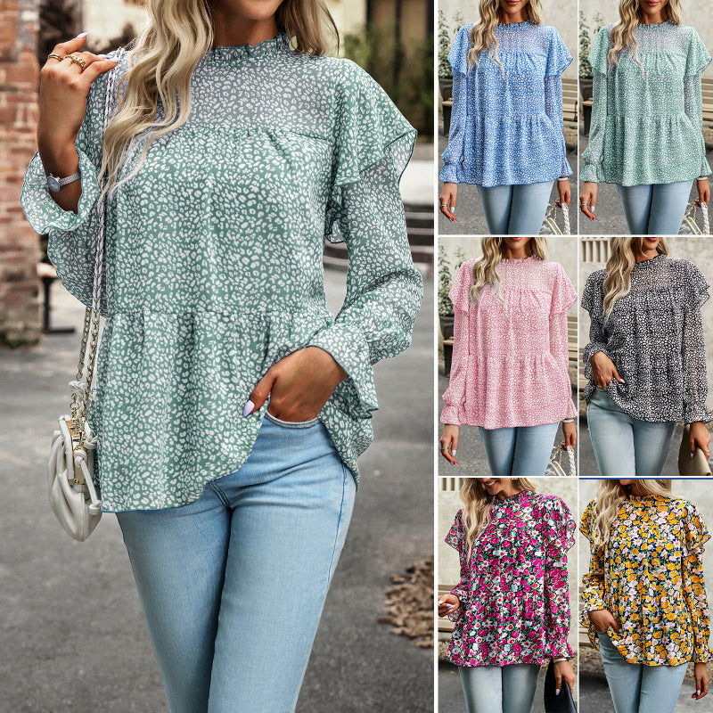 Women Fashion Casual Ruffled Long Sleeve Printing Blouse