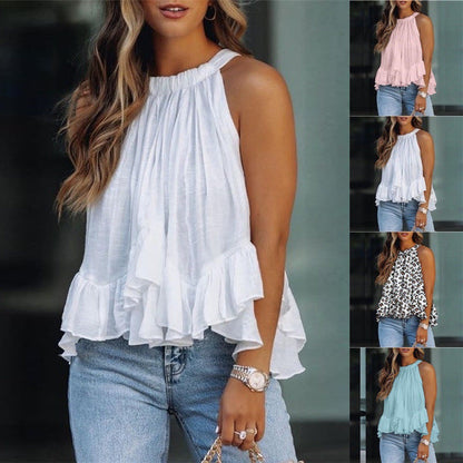 Summer Casual Vacation Solid Color Pullover Sleevelessloose Round Neck Ruffled Blouse