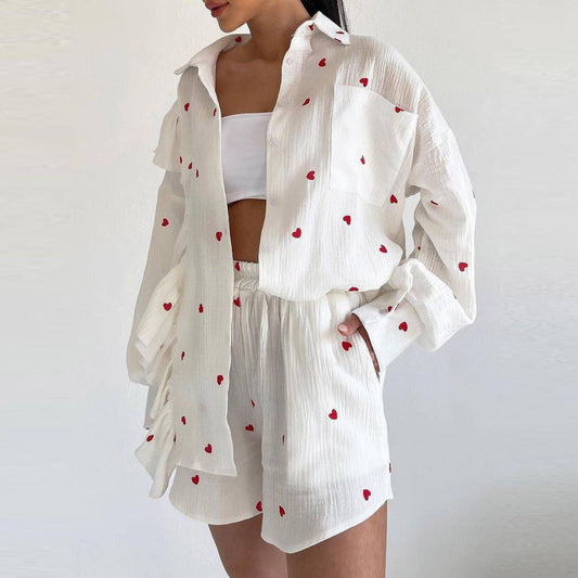 Fashion Casual Sweet Women Heart Floral Print Long Sleeve Ruffled Blouse And Shorts Set