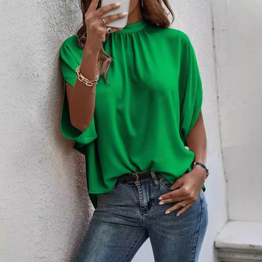 Women Summer Casual Fashion Solid Color Bat Sleeve Blouse