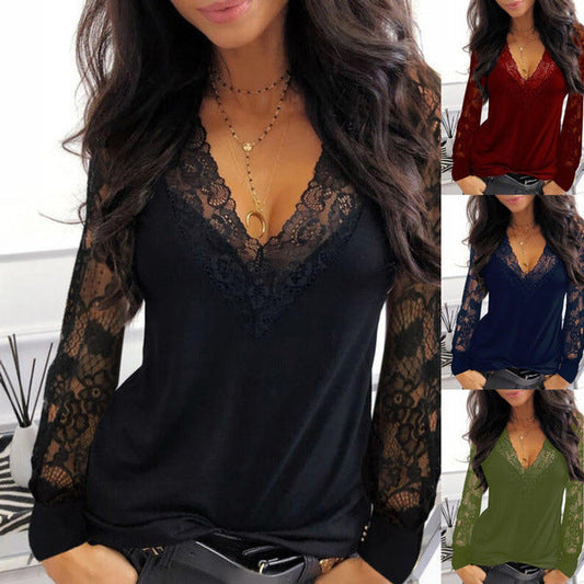Women Casual Solid Color Lace Patchwork V Neck Long Sleeves Blouse