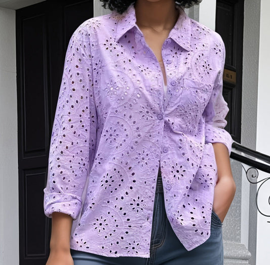 Women Fashion Casual Solid Color Embroidery Hollow Lapel Plus Size Blouse