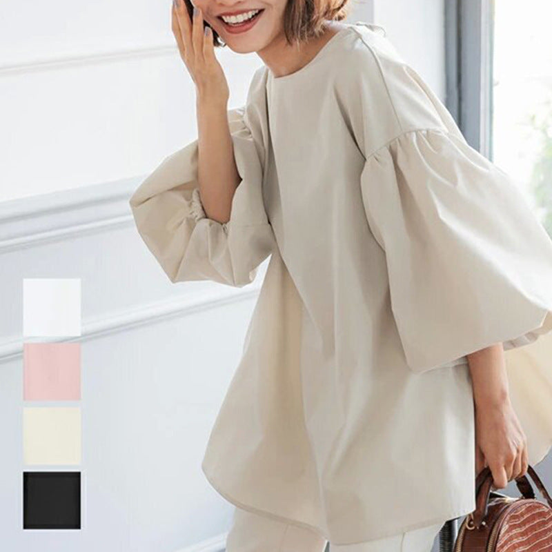 Women Casual Loose Puff Sleeve Round Neck Solid Color Office Chic Blouse