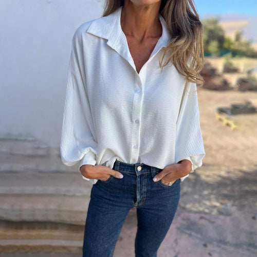 Women Fashion Casual Solid Color Lasel Long Sleeve Button Blouse