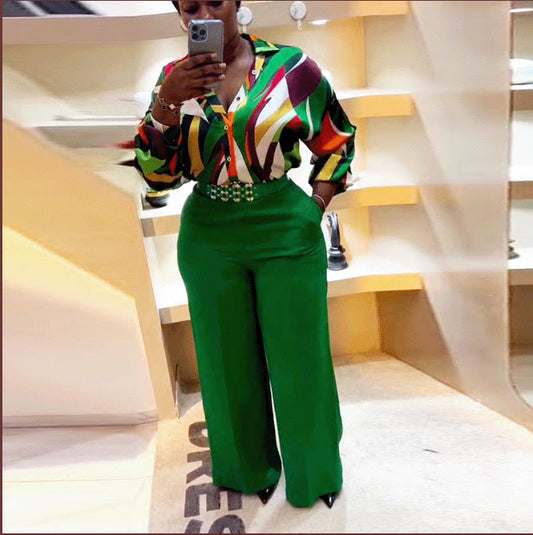 Women Fashion Casual Printed Long-Sleeved Lapel Blouse Belt Loose Pants Two-Piece Set