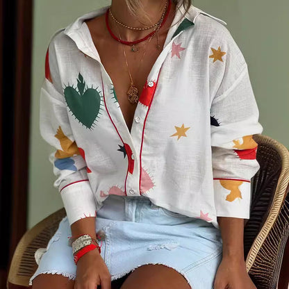 Women Fashion Casual Printed Lapel Long-Sleeve Loose Blouse