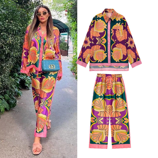 Women Elastic Waist Straight Suit Casual Print Shirt Blouse Top And Pants 2 Piece Set