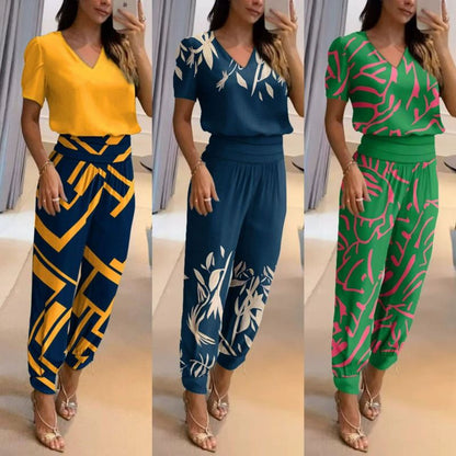 Women Fashion Casual V-Neck Color Blocking Printed Short-Sleeved V Neck Blouse Pants Two-Piece Set