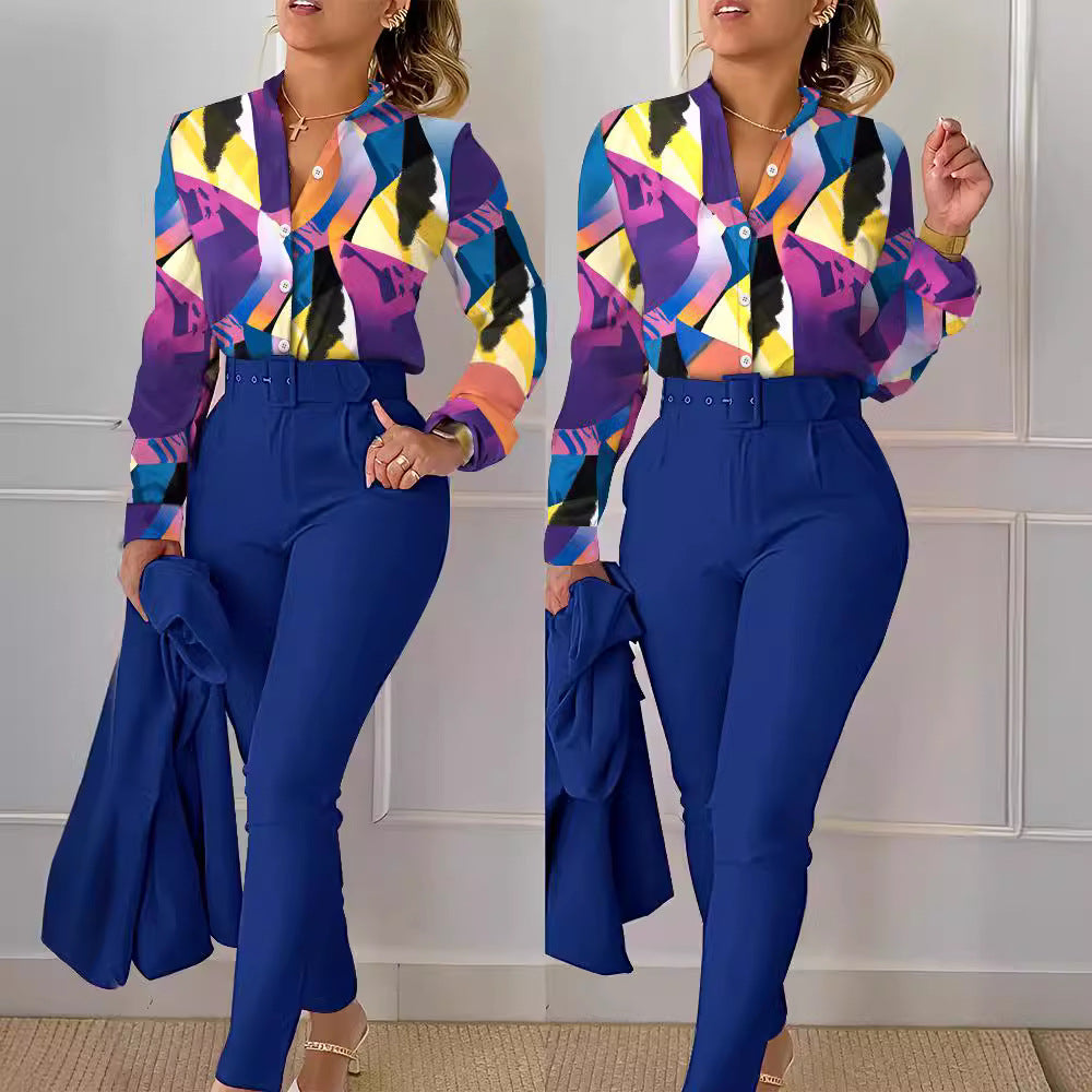 Women Fashion Casual Floral Printed Lapel Long-Sleeve Blouse Slim Fit Pants Two-Piece Pants