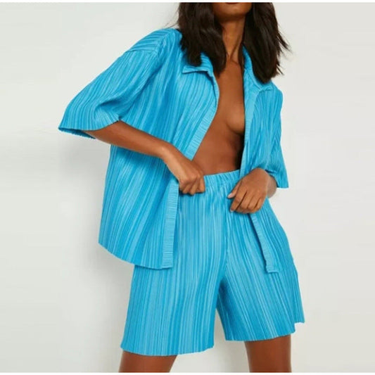 Women Casual Summer Vacation Short-Sleeved Shirt Blouse Shorts Fashion Solid Color Pleated Two-Piece Set