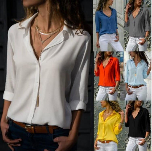 Casual Basic Long Sleeve Women Button Chiffon Shirt Blouse