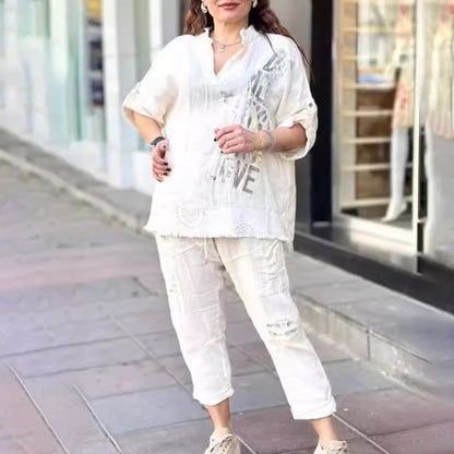 Women Casual Letter Printed V-Neck Half Sleeve Blouse Loose Pants Two-Piece Set