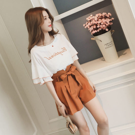 Summer Short-Sleeved Women Flare Sleeve Letter Chiffon Blouse And Loose Wide-Leg Shorts Casual Two-Piece Set