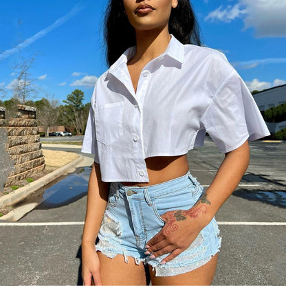 Women Fashion Casual Irregular Lapel Short Sleeve Blouse