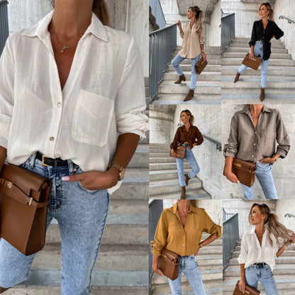 Women Simple Basic Casual Solid Color Sleeve V-Neck Button Lapel Blouse