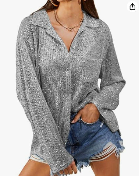 Spring Autumn Women Fashion Sequins Long Sleeve Lapel Elegant Casual Shirt Blouse