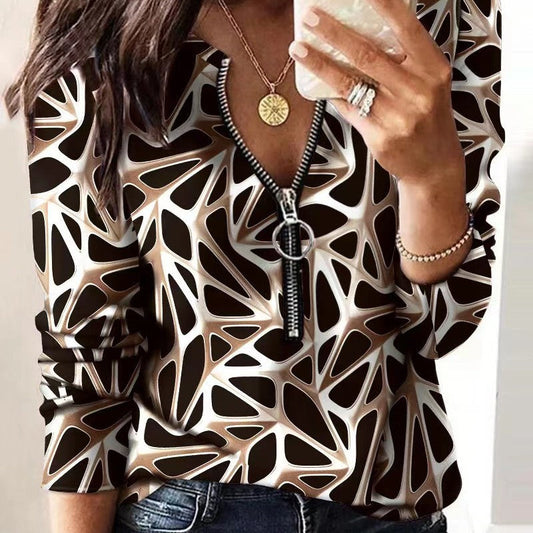 Women Casual Fashion Letter Print Zipper Long Sleeves Blouse