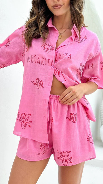 Women Fashion Casual Vacation Sun Printed Cardigan Shirt Short Sleeve Blouse Loose Shorts Set