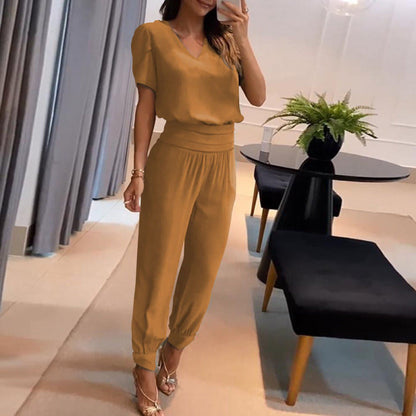 Women Fashion Casual V-Neck Color Blocking Printed Short-Sleeved V Neck Blouse Pants Two-Piece Set