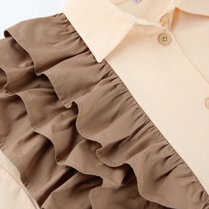Fashion Office Women Unique Loose Contrast Color Ruffled Long Sleeve Casual Lapel Shirt Blouse