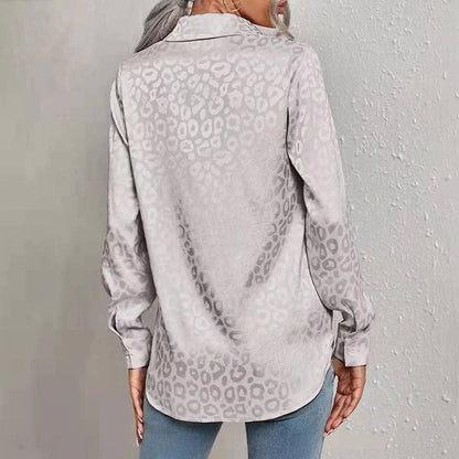 Women Casual Long-Sleeved Lapel Elegant Satin Jacquard Leopard Blouse