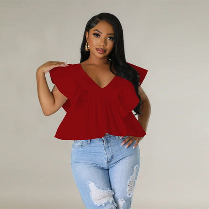 Women Fashion Casual Vacation Creased Floral Printed Lace Up V-Neck Short Sleeve Blouse