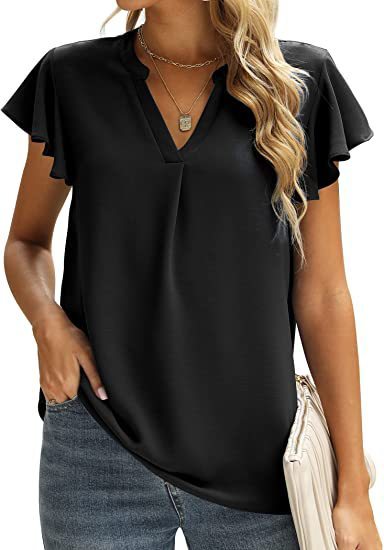 Women V-Neck Ruffled Cap Sleeves CasualSolid Color Chiffon Blouse