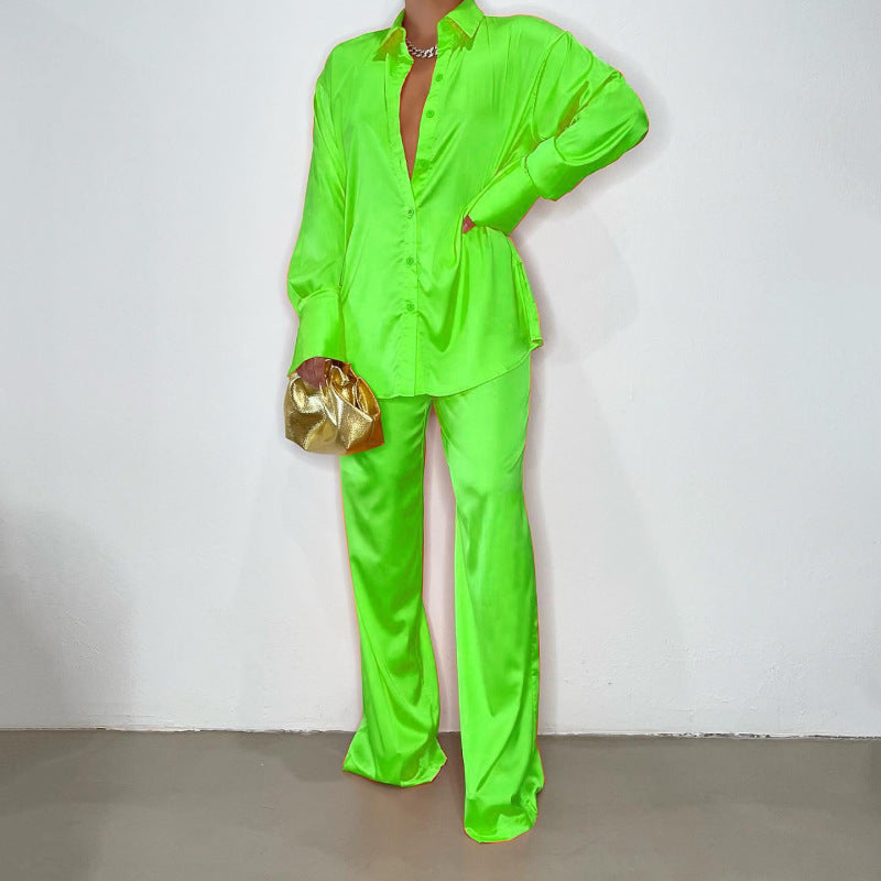 Summer Women Casual Basic Fashion Multicolor Satin Loose Long Sleeves Blouse And Pants Set