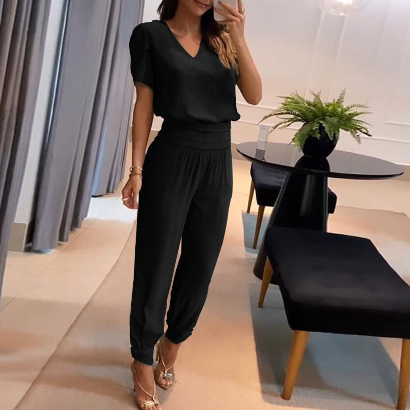 Women Fashion Casual V-Neck Color Blocking Printed Short-Sleeved V Neck Blouse Pants Two-Piece Set