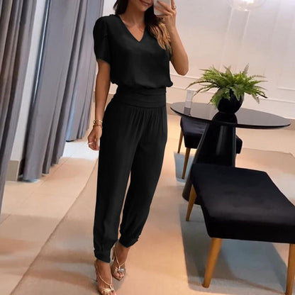 Women Fashion Casual V-Neck Color Blocking Printed Short-Sleeved V Neck Blouse Pants Two-Piece Set