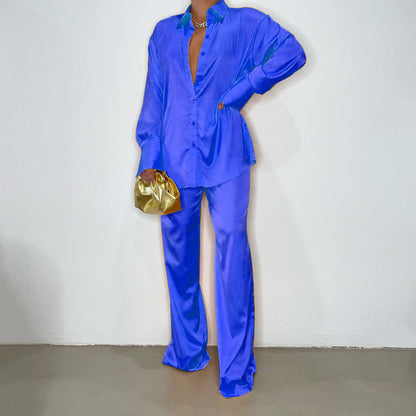 Summer Women Casual Basic Fashion Multicolor Satin Loose Long Sleeves Blouse And Pants Set