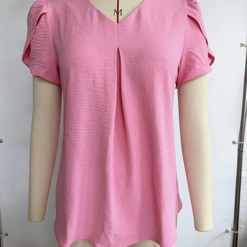 Casual Summer Women V-Neck Solid Color Chiffon Short-Sleeve Elegant Blouse