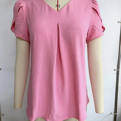 Casual Summer Women V-Neck Solid Color Chiffon Short-Sleeve Elegant Blouse