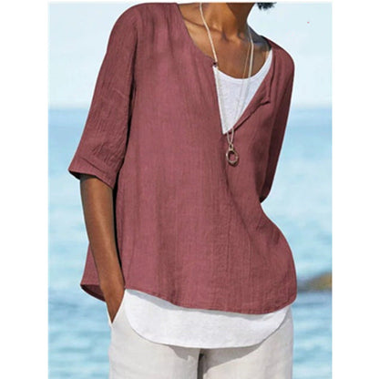 Women Casual V Neck Linen Solid Color Blouse