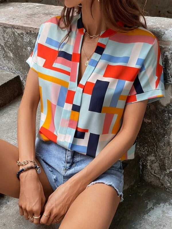 Women Fashion Plaid Print V-Neck Short-Sleeved Casual Blouses