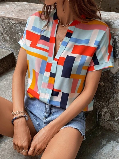 Women Fashion Plaid Print V-Neck Short-Sleeved Casual Blouses