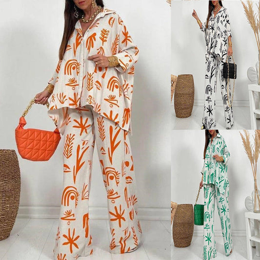 Women Printed Loose Casual Long Sleeve Shirt Blouse Top And Pants Two Piece Set