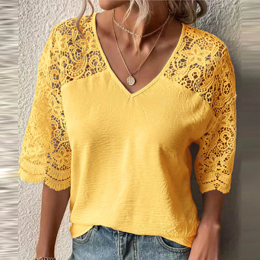 Women Fashion Casual Solid Lace Patchwork V Neck Blouse