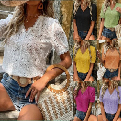 Women Casual Summer Solid Color Short Sleeve Hollow Blouse