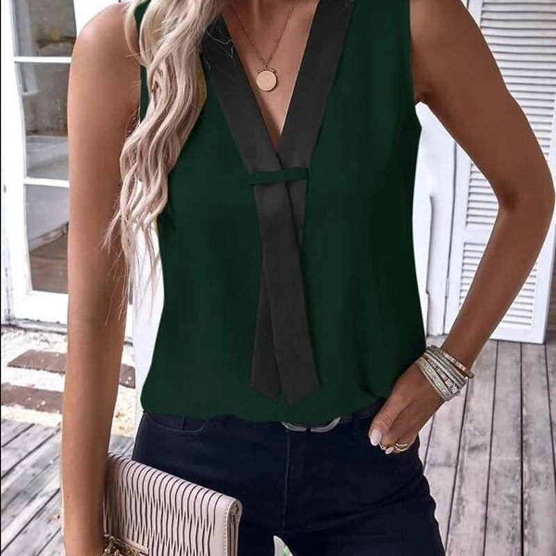 Women Casual V Neck Blocking Color Sleeveless Office Chic Tank Blouse