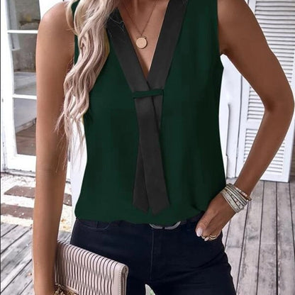 Women Casual V Neck Blocking Color Sleeveless Office Chic Tank Blouse
