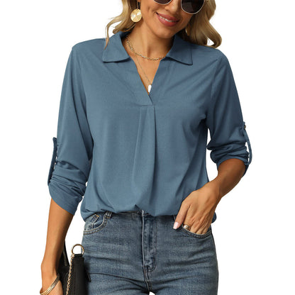 Women Fashion Casual Solid Color V-Neck Long Sleeve Blouse